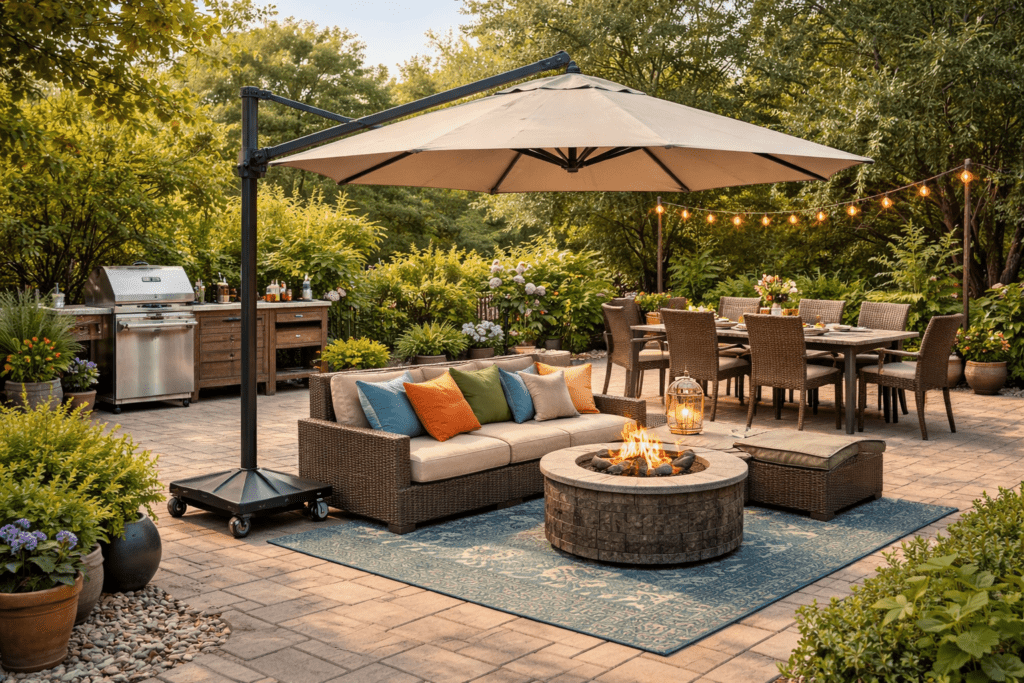 Multi-use Outdoor Space with Conversation Fire Pit Area, Dining Table and Outdoor Grill/Kitchen