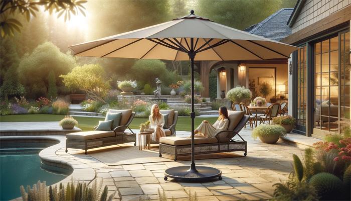 Umbrella in Backyard with 2 Women Sitting on Chaise Lounge Chairs