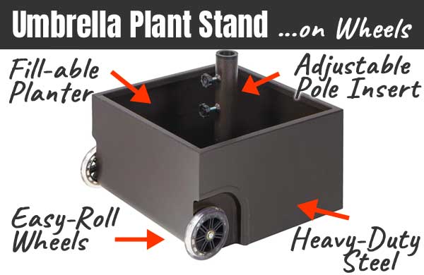 Umbrella Plant Stand with Wheels, Adjustable Pole Insert, Durable Steel Construction and Fillable Planter